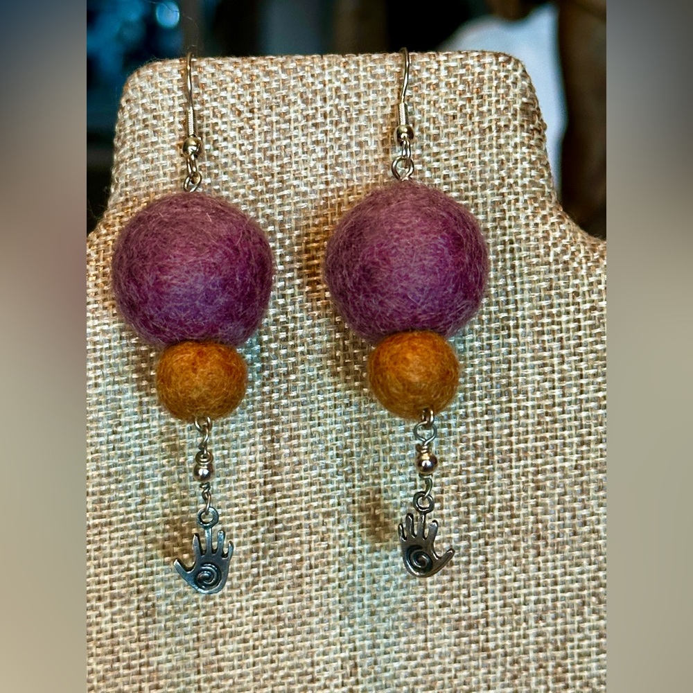 Handmade Purple & Ochre Felt Ball Dangle Earrings with Sterling Hand Charm